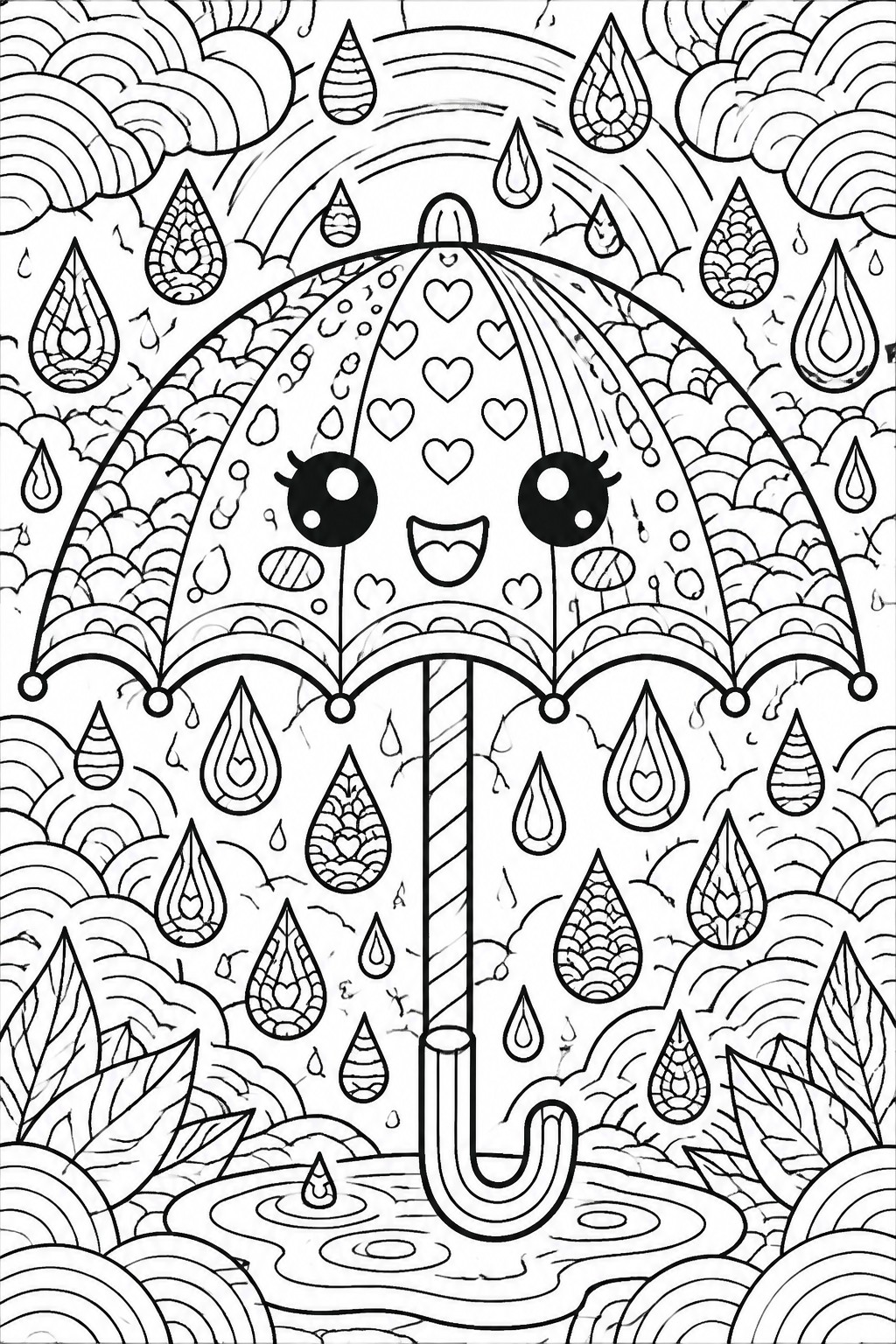 Cute cartoon umbrella with smiling face amid raindrops, clouds, rainbow and puddle