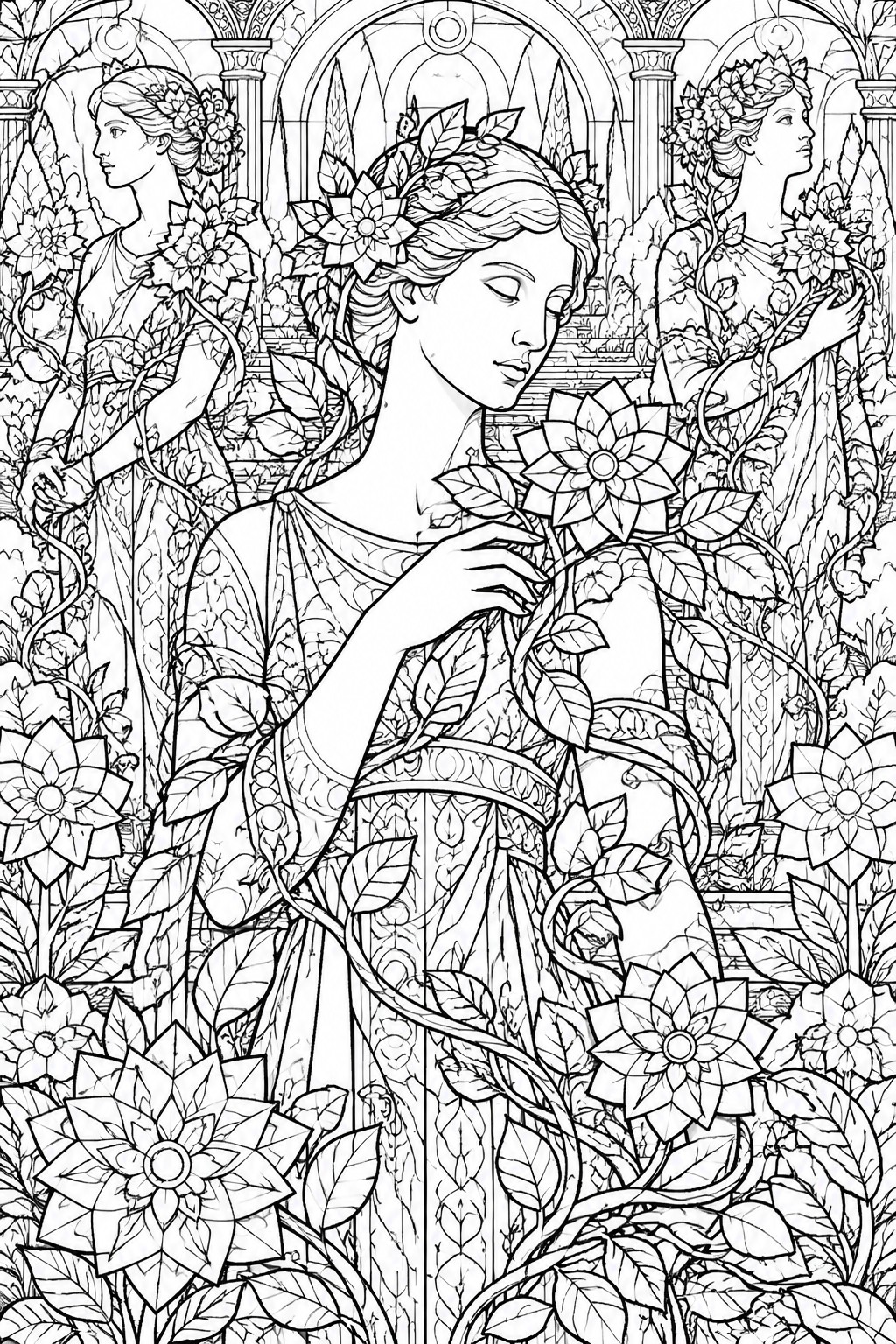 A black and white line drawing shows three women in long dresses surrounded by large flowers, vines, and classical arches and columns.