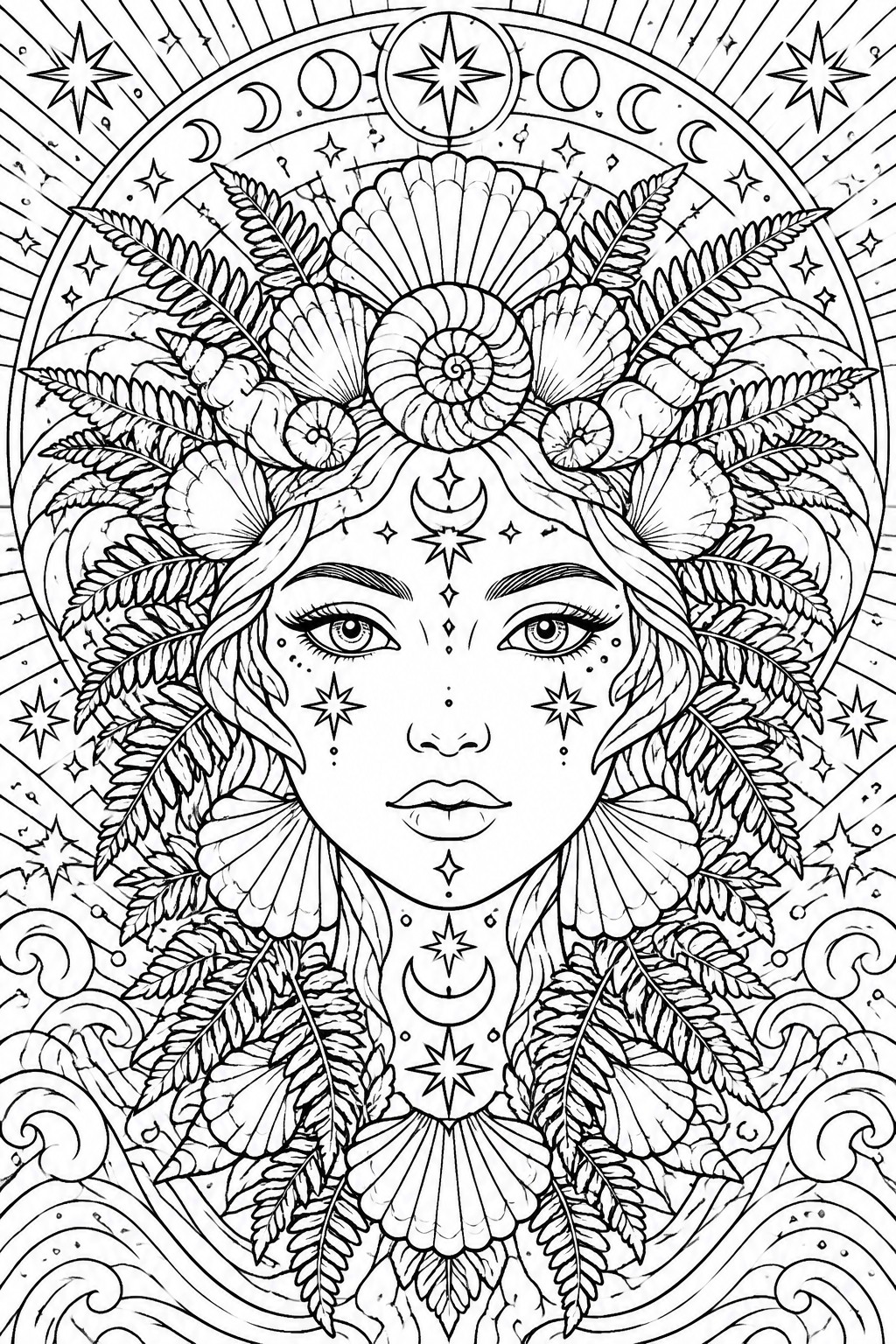 Intricate black-and-white line art of a woman's face with seashells, ferns, stars, and moons.