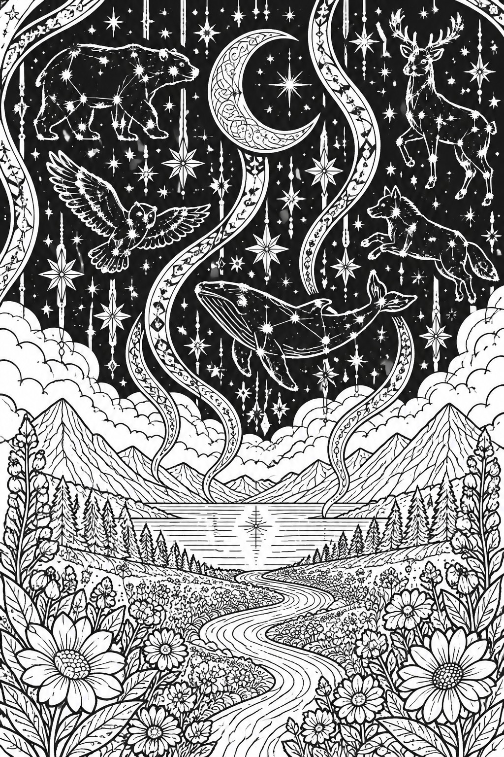 Black and white line art coloring page of animal constellations including bear, deer, fox, owl and whale above mountains and a river.