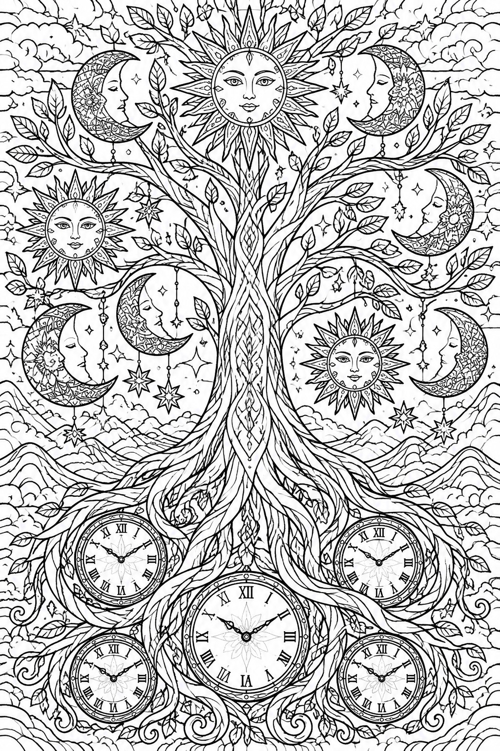 Intricate black-and-white tree with sun and moon faces, stars, and winding clocks.