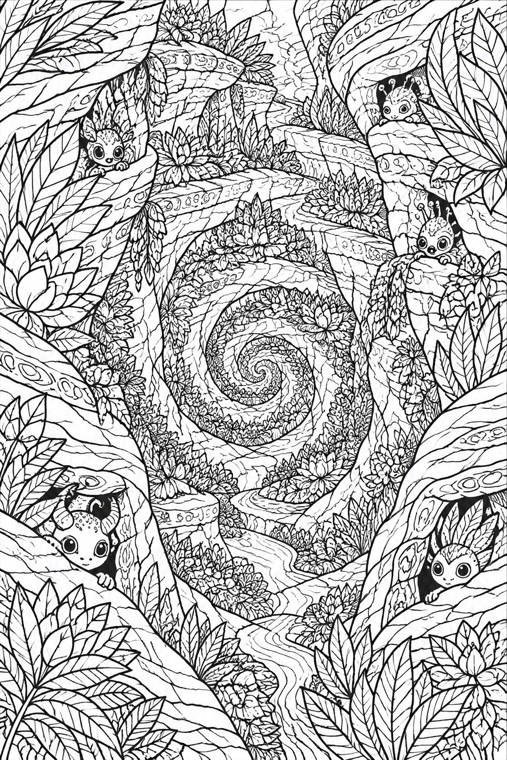A black and white line drawing shows several small fantasy creatures with large eyes peeking from foliage and rock crevices around a central spiral path in a dense jungle scene.