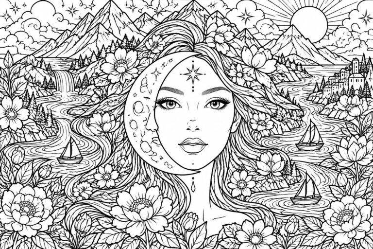 25 Artistic Adult Coloring Pages Featuring Surreal Collages and Imaginative Scenes A black and white line drawing shows a woman's face centered in a landscape with mountains, a crescent moon and stars above, flowers in her hair, waterfalls, a winding river with sailboats, and a castle on a distant hill.