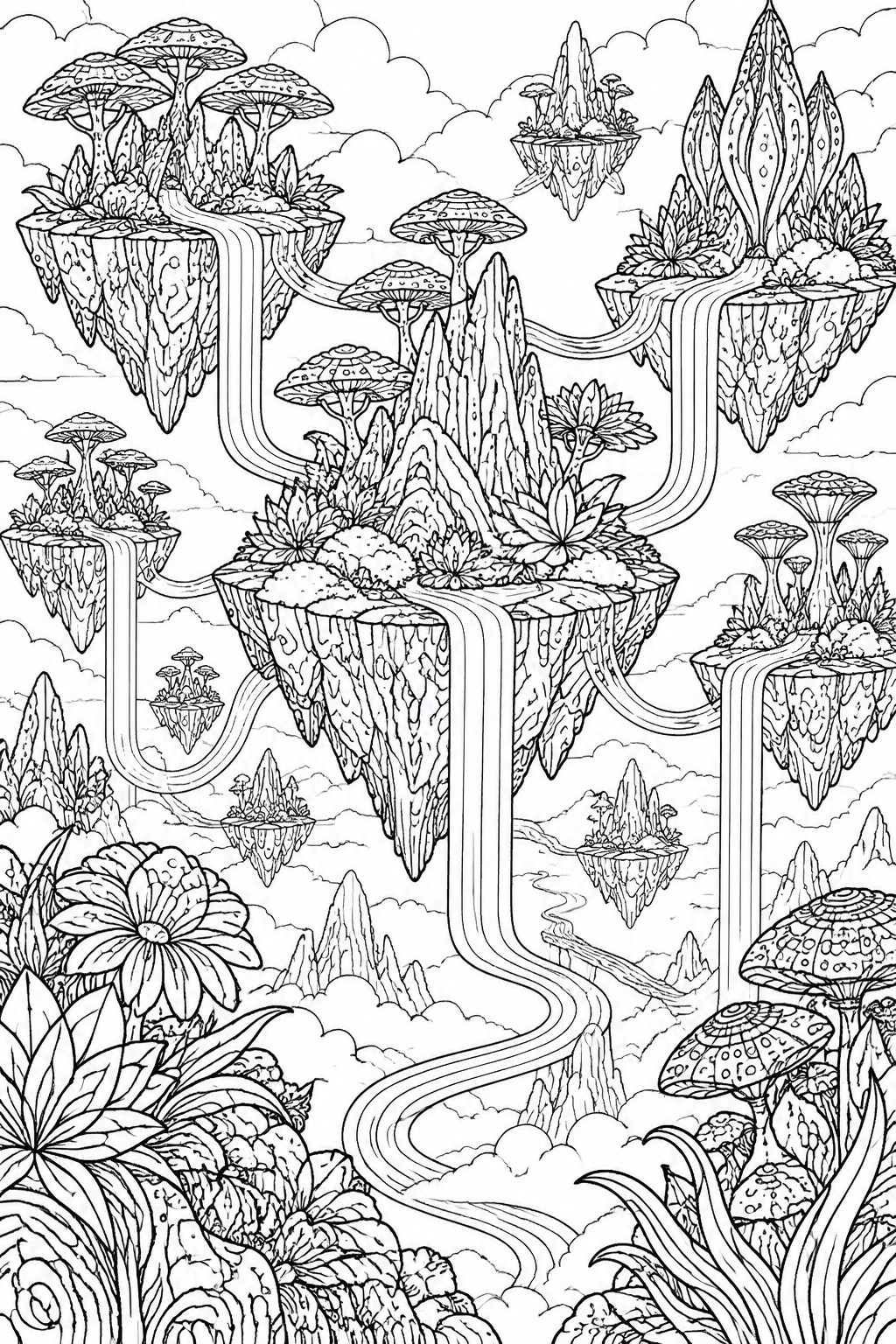 A black and white line drawing of floating islands covered in mushrooms and plants, connected by streams and set against a cloudy sky.