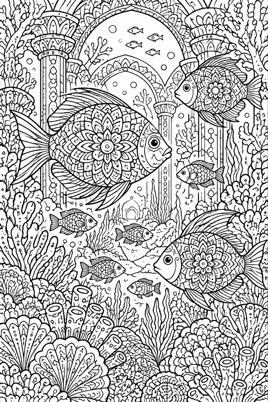 Intricate black-and-white underwater scene with mandala-patterned fish, coral reefs, and ornate arches.