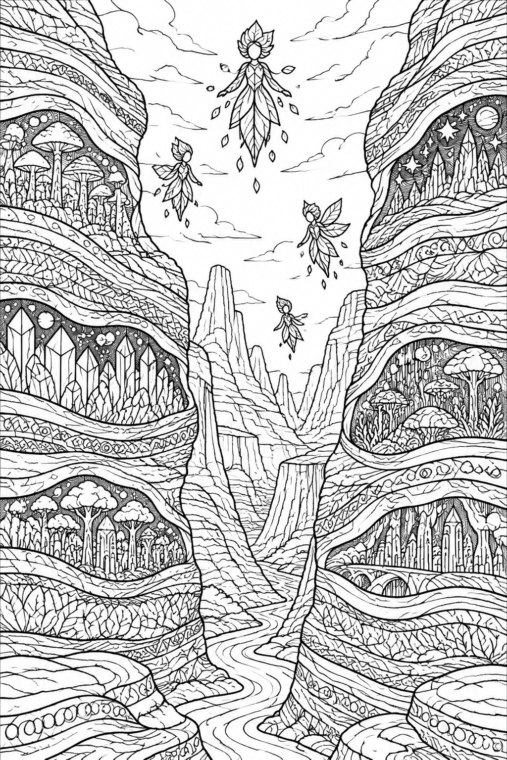 A black and white line drawing of a deep canyon with layered cliffs filled with mushrooms, crystals, and trees, plus several small leaf-shaped fairies floating in the sky above a winding river.
