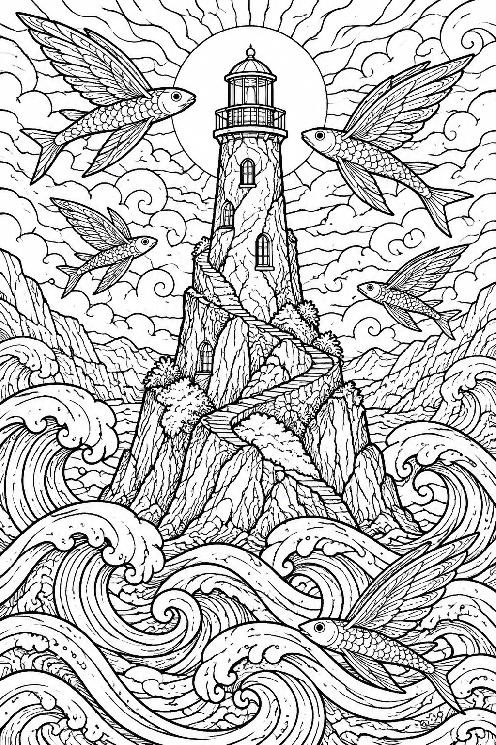 Detailed line drawing of lighthouse on cliff with winged fish and crashing waves