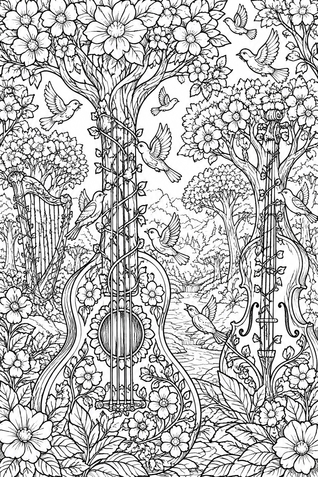 Intricate black-and-white line art of vine-wrapped guitars, harps, birds, and flowers in a forest.