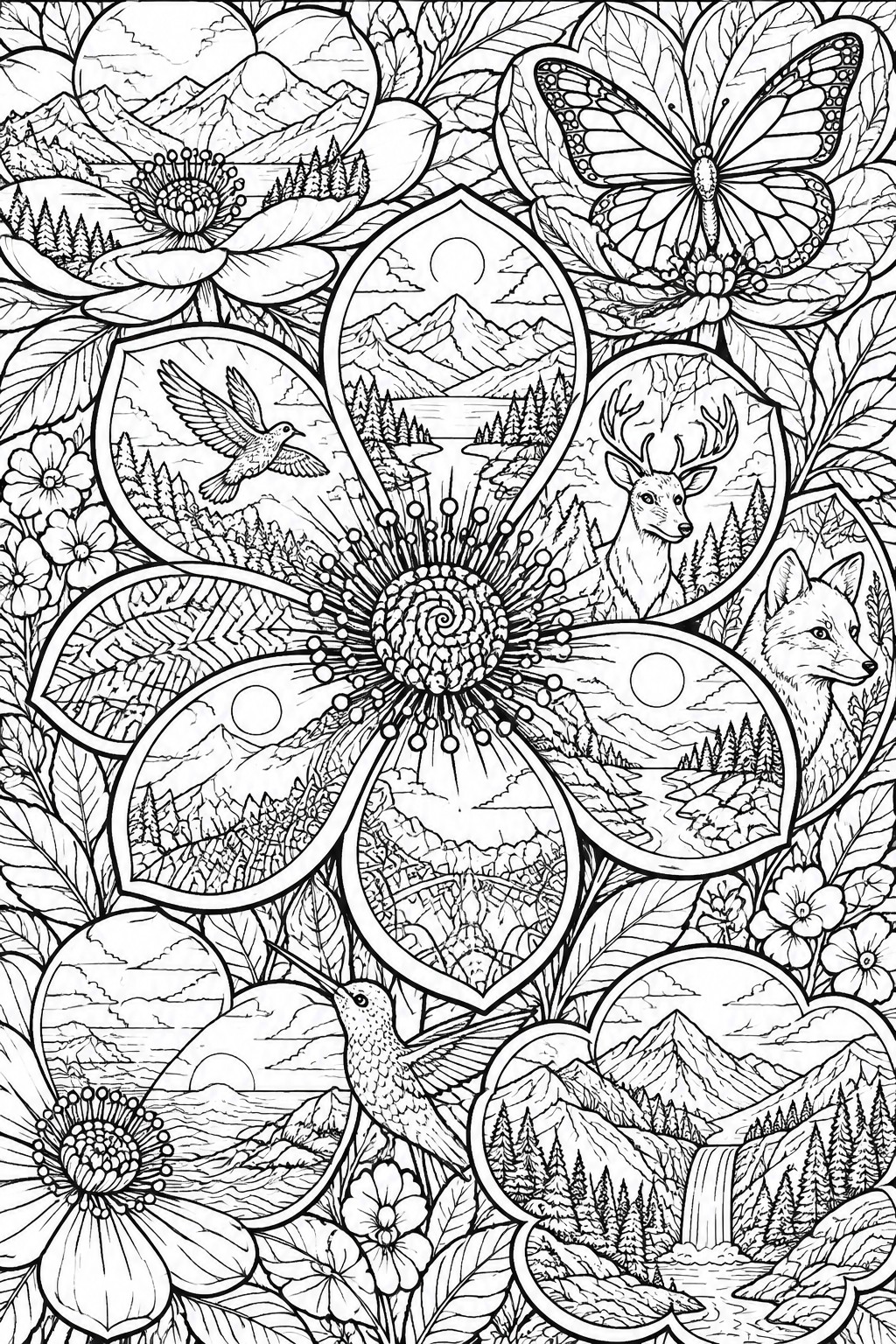 A black and white coloring page with a large central flower containing mountain landscapes, a deer, a fox, birds, and a butterfly in its petal sections.