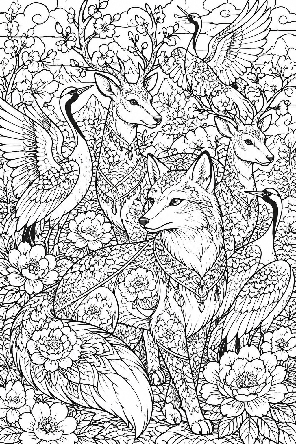 A black and white coloring page shows a fox in the foreground with deer and cranes among dense flowers and trees, all animals covered in floral patterns.