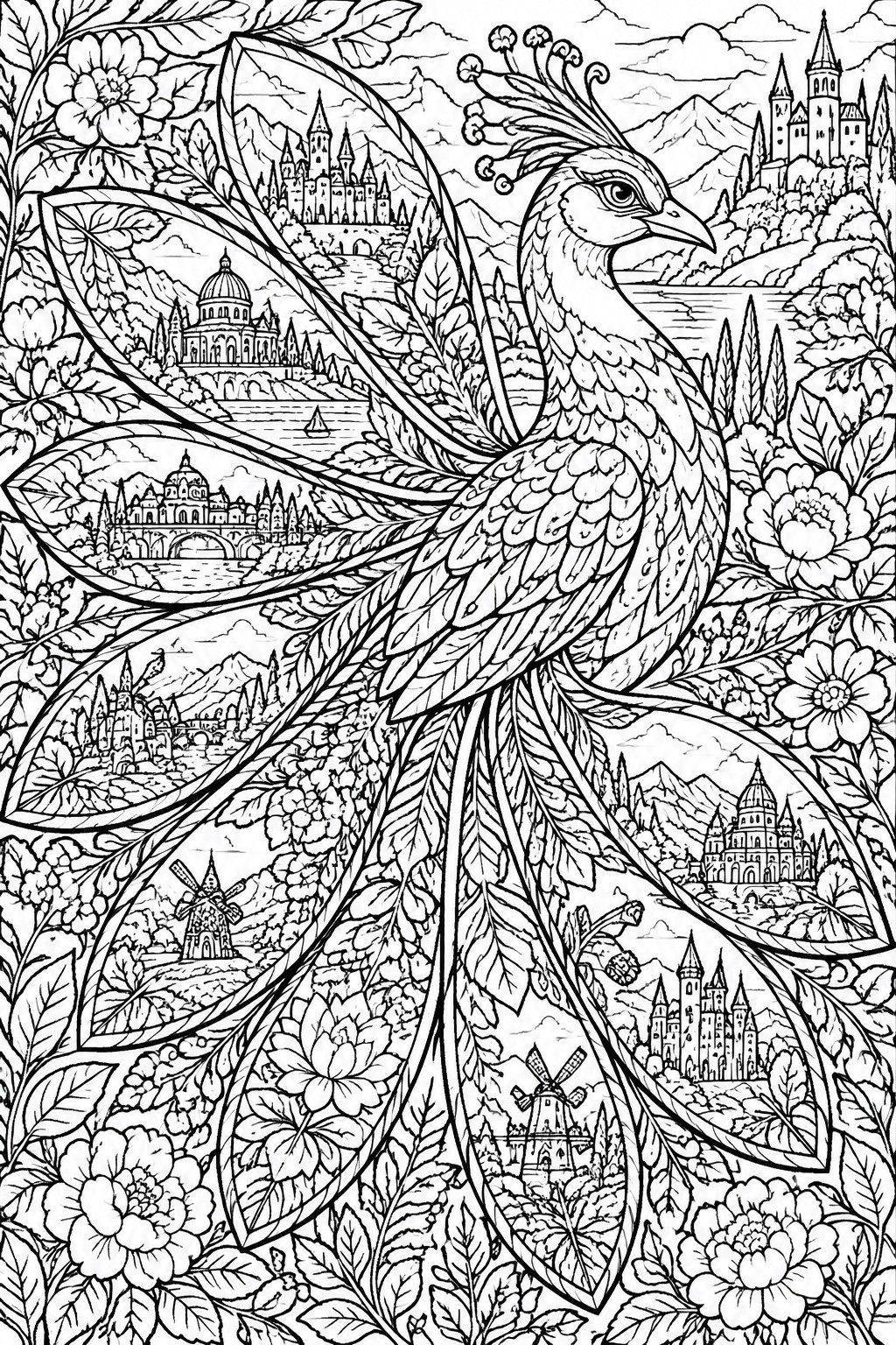 A black and white line drawing of a large peacock whose tail feathers contain framed scenes of castles, windmills, rivers, and mountains amid flowers and leaves.