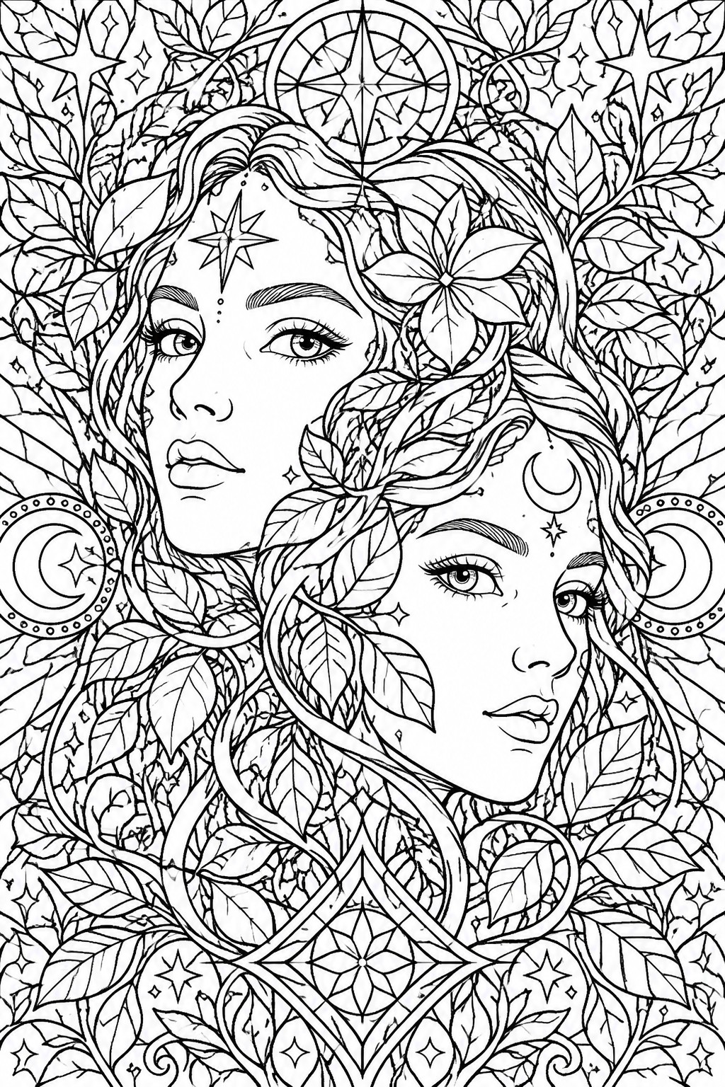 Intricate line art of two women amid leaves, stars, moons, and celestial symbols.