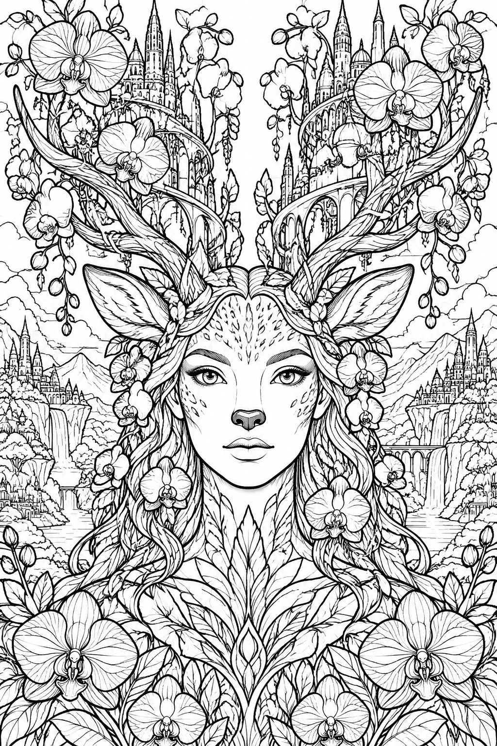 Elaborate line drawing of a deer-featured woman with floral antlers and fantasy castles