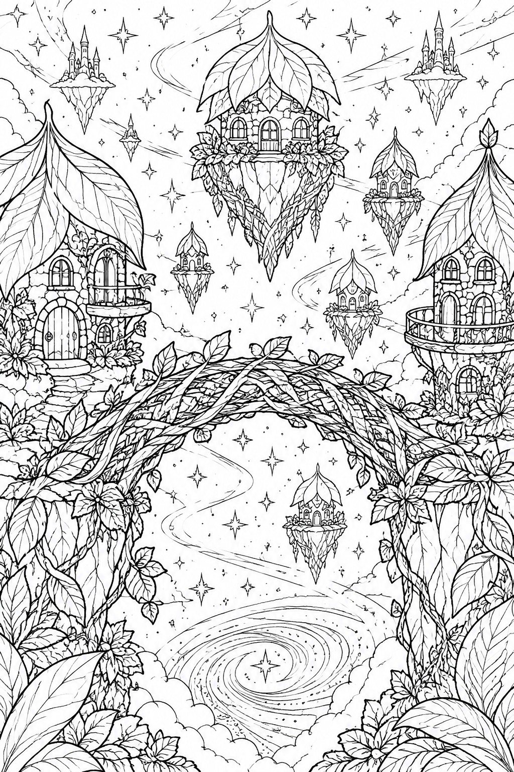 Fantasy line art of floating leaf-roofed houses and castles amid stars with vine arch.
