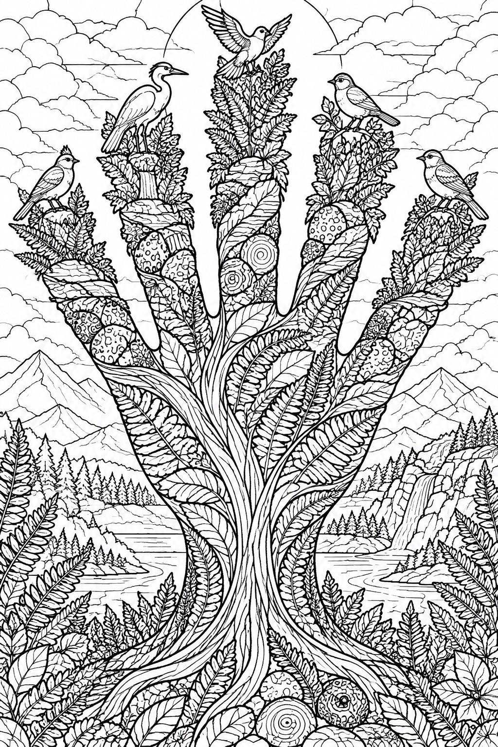 Intricate line art of hand-shaped tree with birds in mountainous landscape