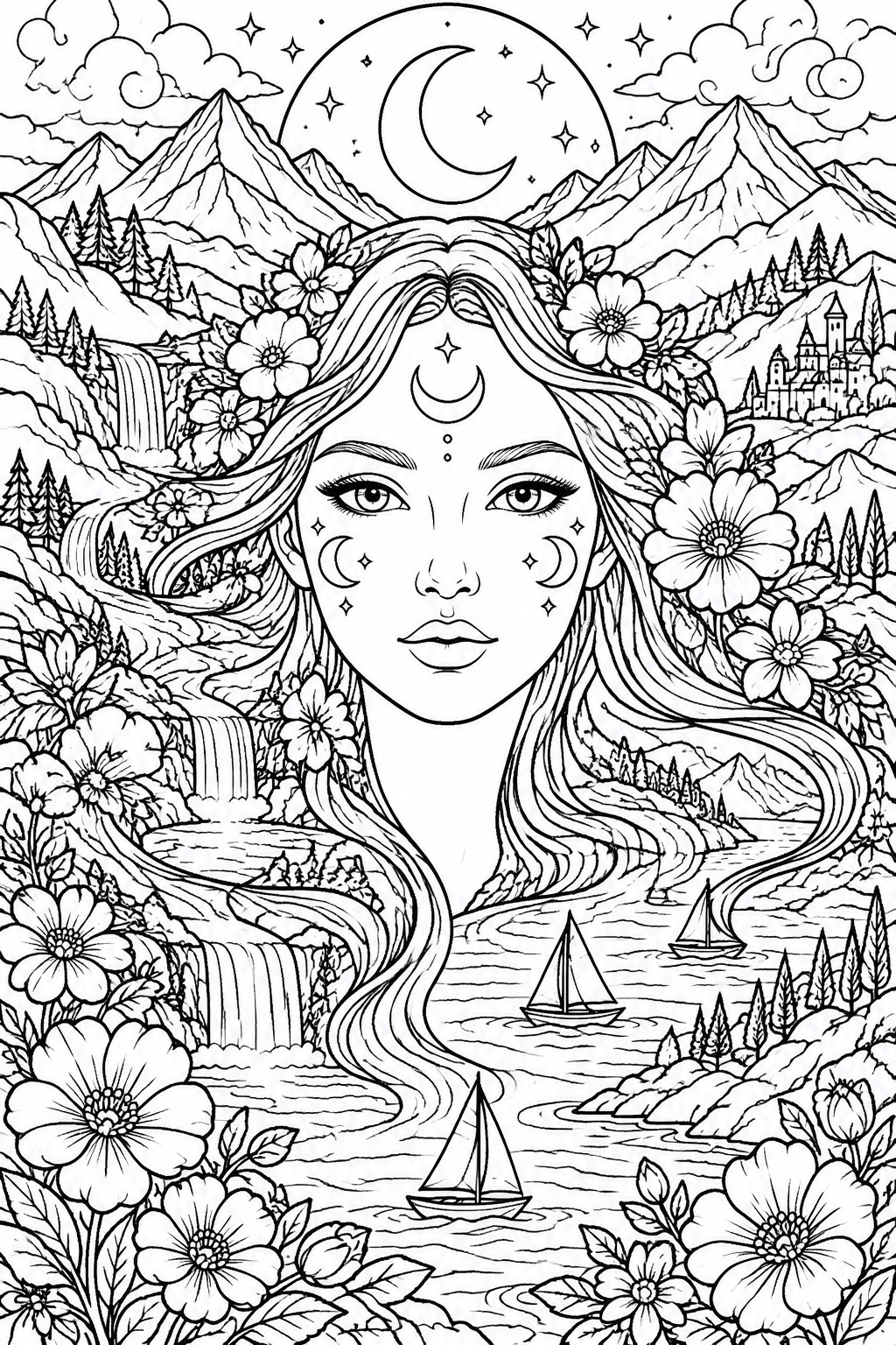 A black and white line drawing shows a woman's face centered in a landscape with mountains, a crescent moon and stars above, flowers in her hair, waterfalls, a winding river with sailboats, and a castle on a distant hill.