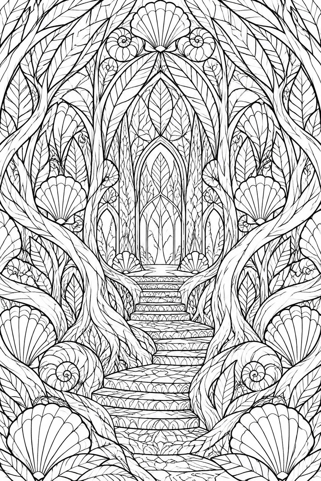 Intricate black and white line art of ascending stairs through a leafy gothic archway with seashells.