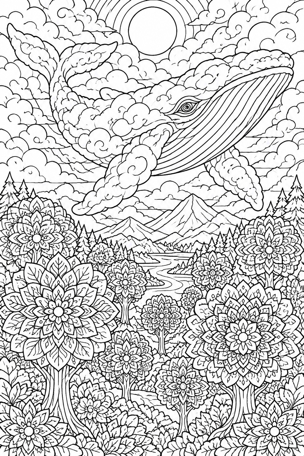 A black and white line drawing shows a whale flying through clouds above mountains, a river, trees, and large mandala flowers.