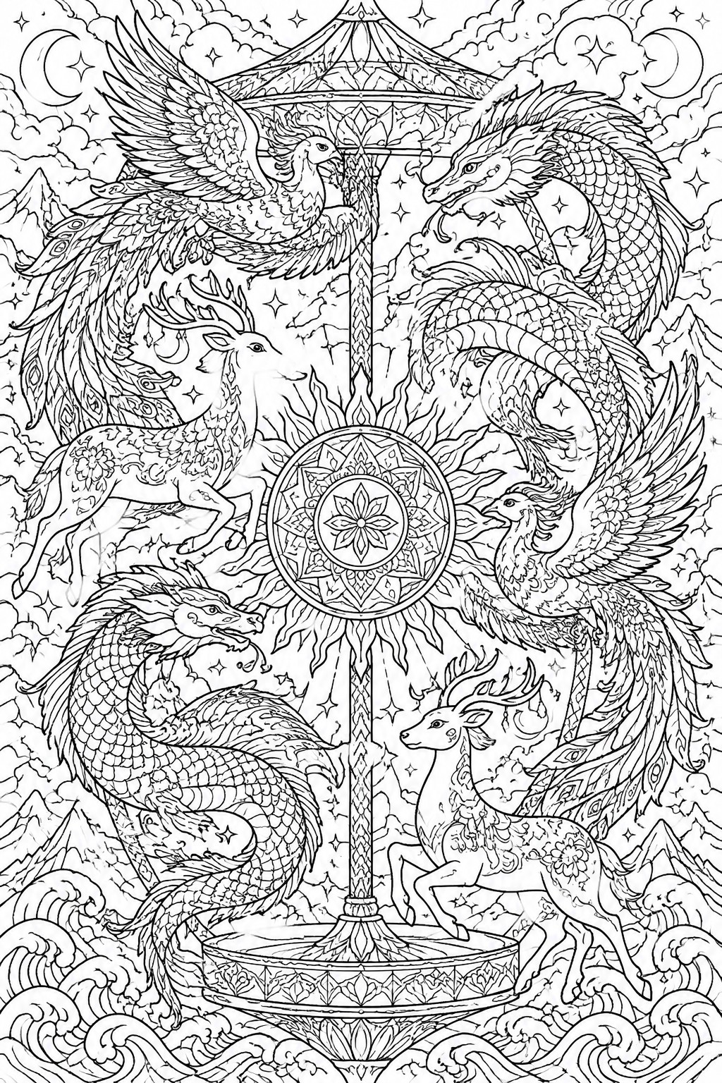 Intricate black-and-white line art of dragons, phoenixes and deer around a mandala pillar.
