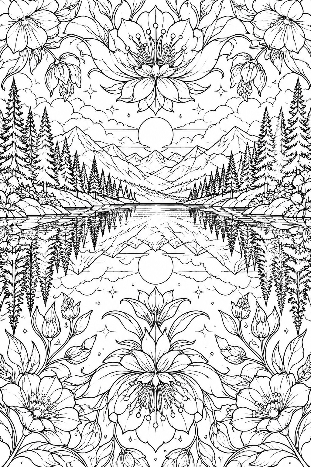 Symmetrical black-and-white line art of mountain lake, pines, and large flowers.