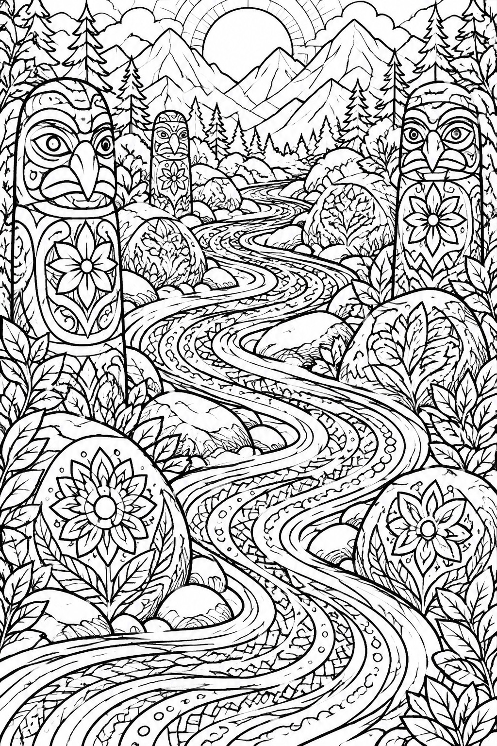 Black and white drawing of bird totem poles beside winding river in mountains.