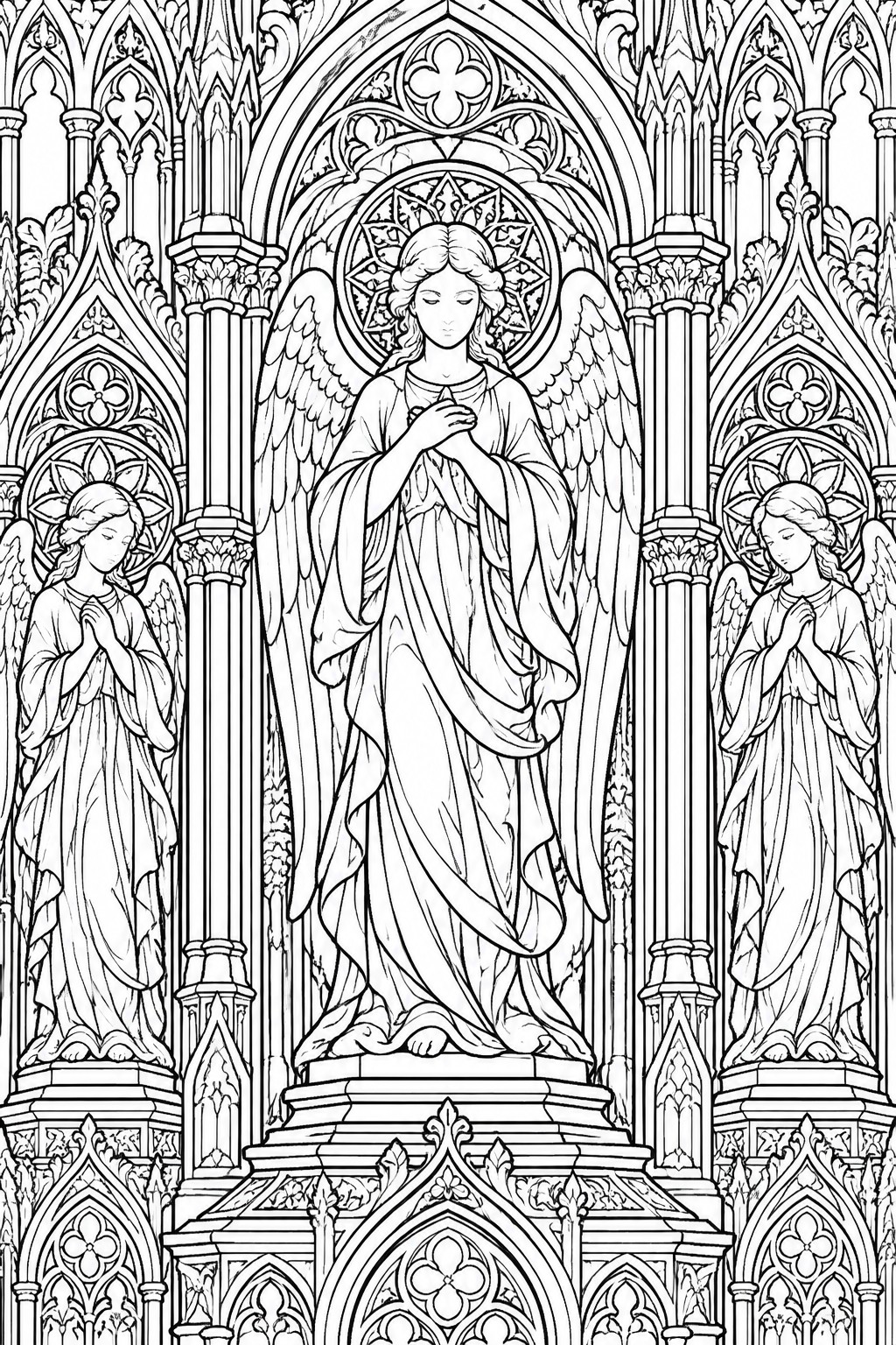 Three angels with flowing robes in ornate Gothic cathedral arches, black-and-white line art.