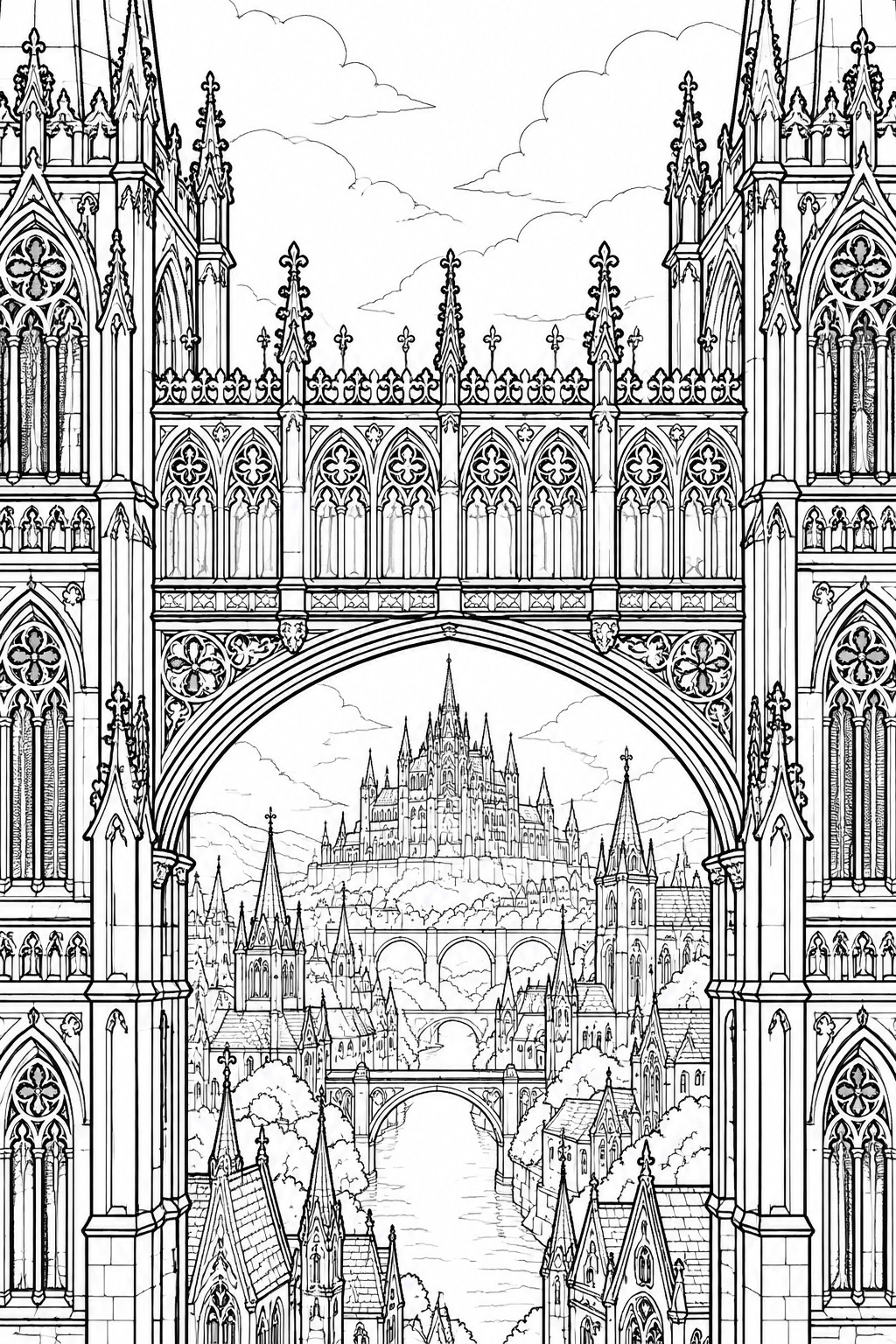 Gothic castle on hill viewed through ornate stone archway over river town