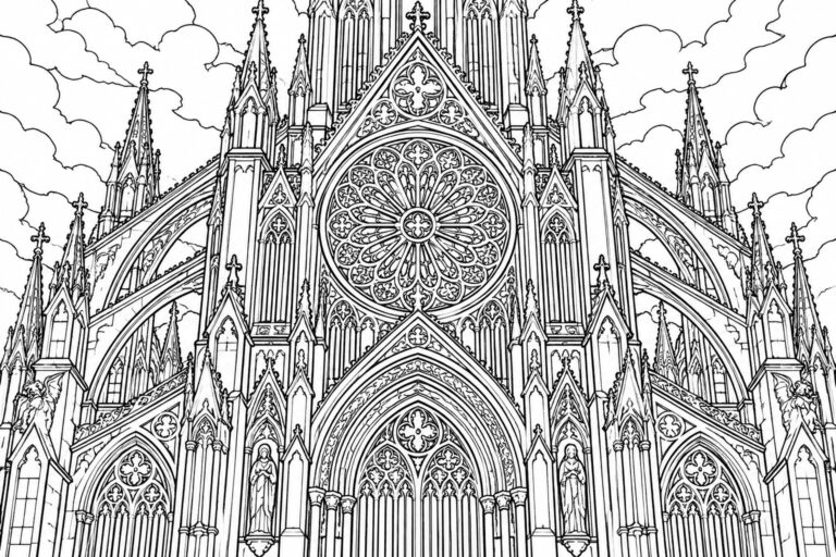 Detailed black-and-white line drawing of Gothic cathedral facade with rose window and spires.