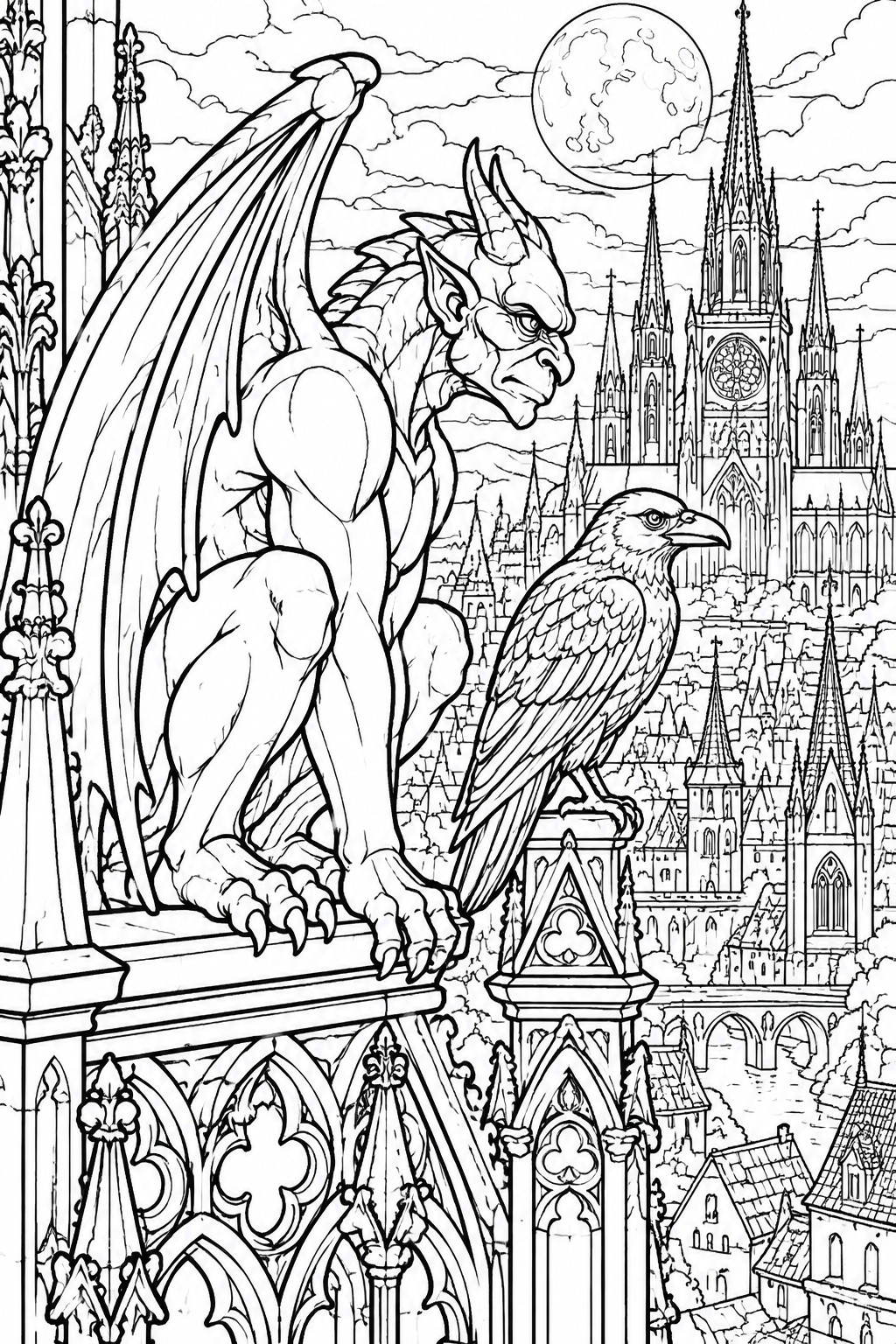 A black and white coloring page shows a muscular gargoyle and a raven perched on ornate gothic ledges with a large cathedral and moonlit city in the background.