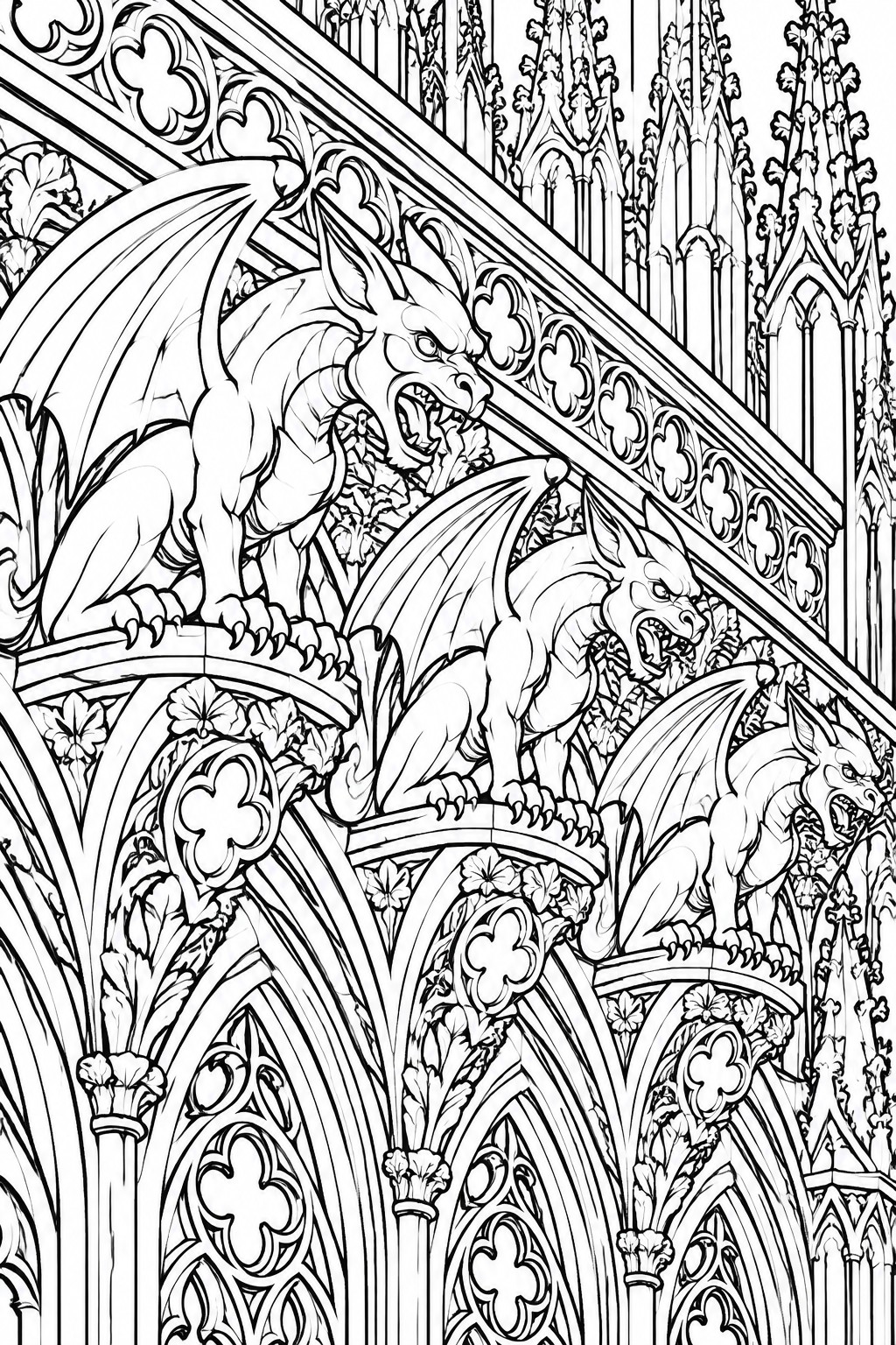 Three fierce winged gargoyles on ornate Gothic cathedral arches and spires.