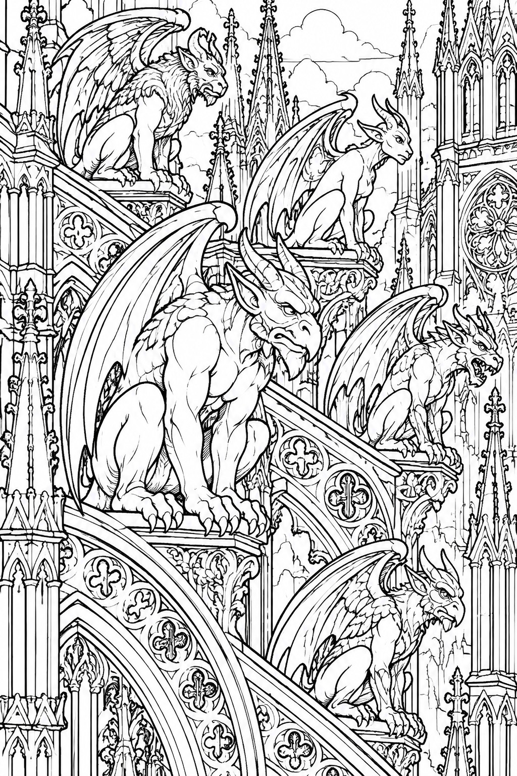 Four winged gargoyles perched on ornate Gothic cathedral spires and arches