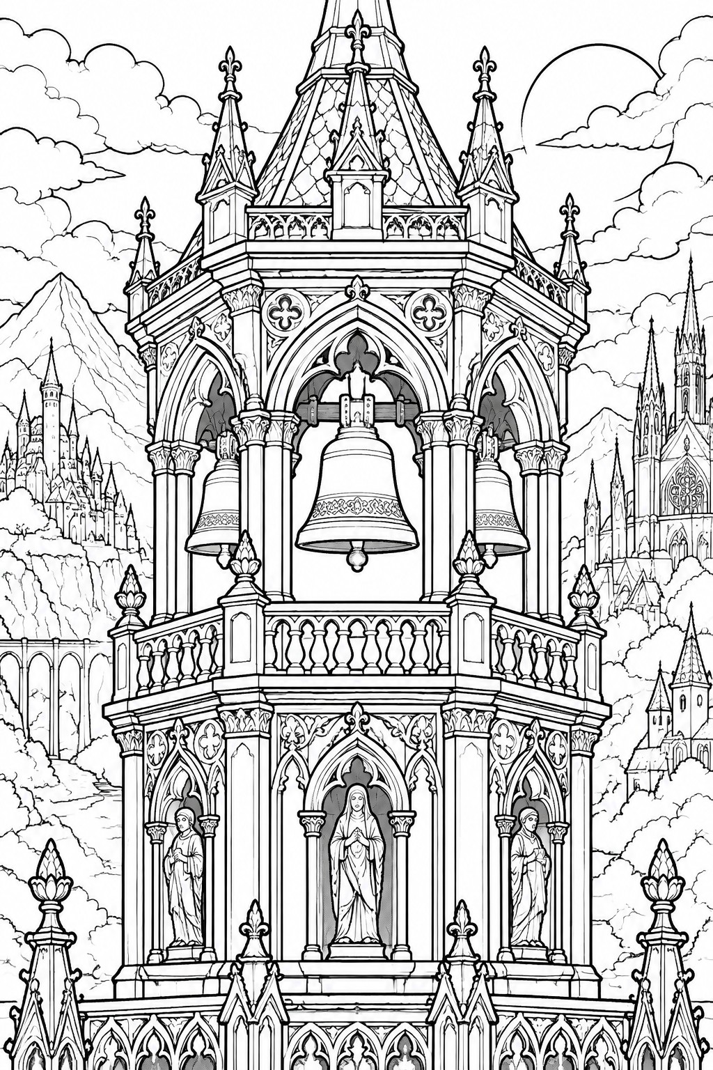 Ornate Gothic bell tower with large bells and robed statues amid mountain castles