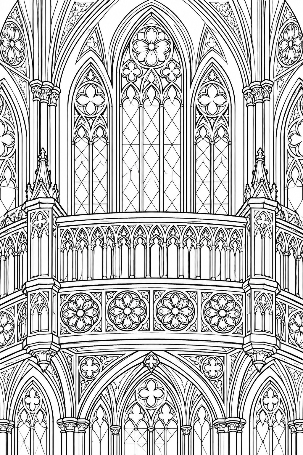 Detailed line drawing of Gothic cathedral with pointed arches, columns and rose windows.