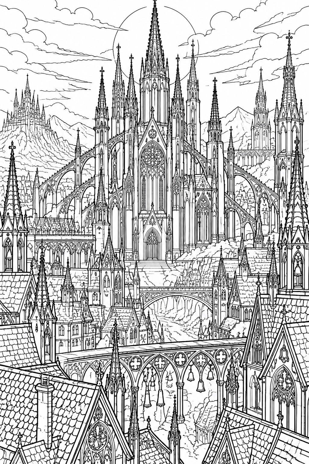 Intricate black-and-white line art of a gothic fantasy city with spires, bridges, and mountains.