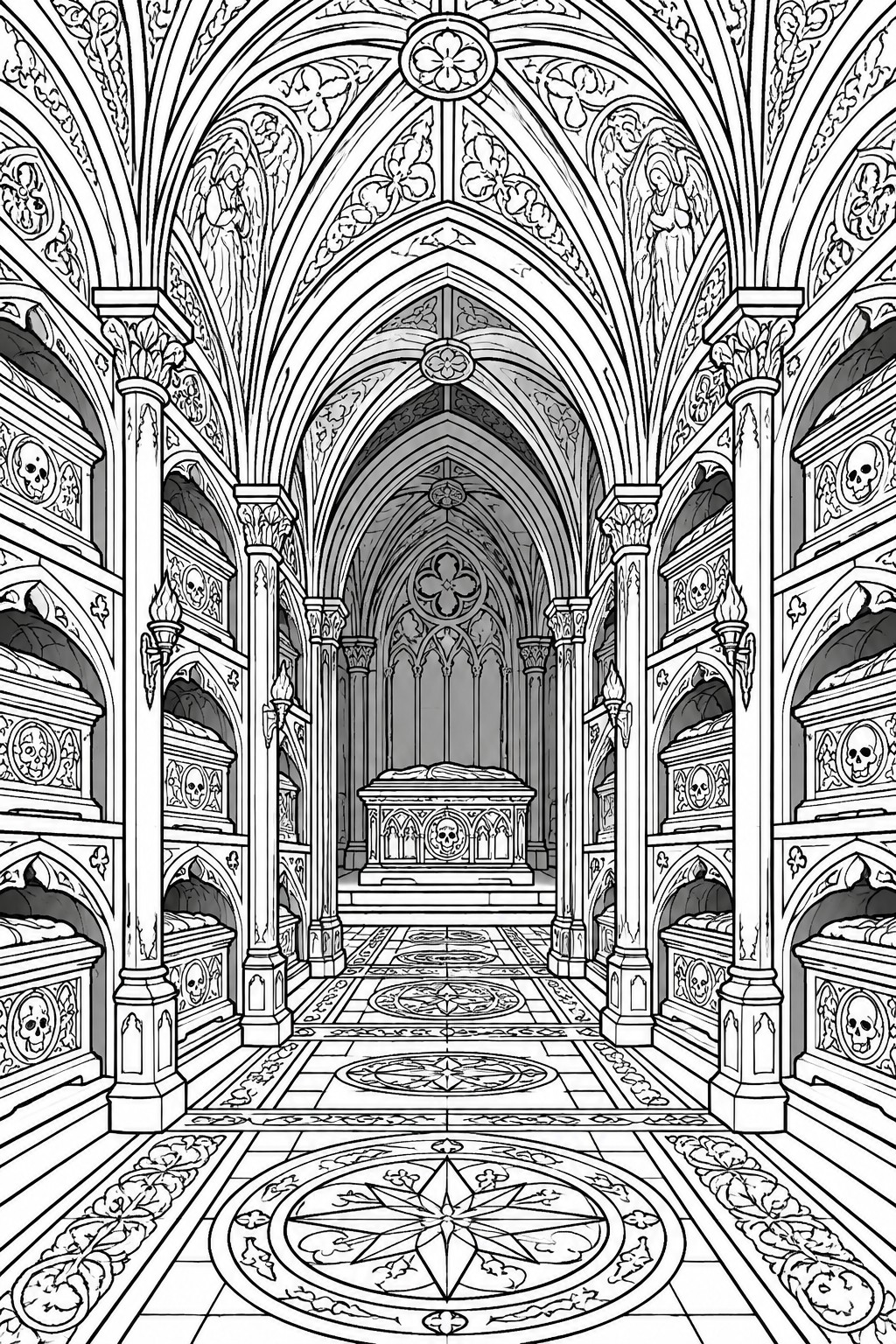 Black and white line art of a gothic cathedral crypt interior showing a central raised tomb, side wall niches with sarcophagi and skulls, ornate arches, columns, and a patterned tile floor.