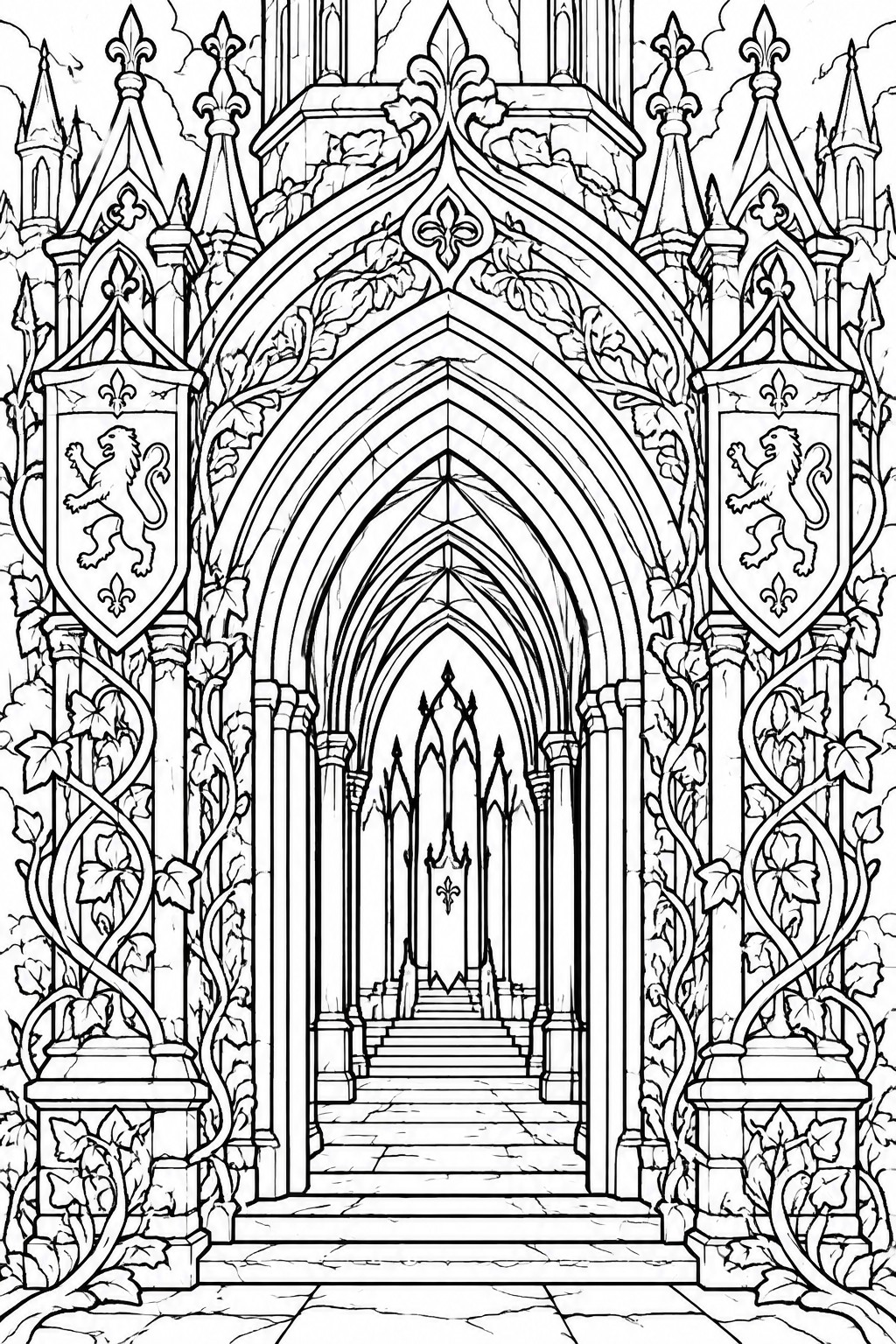 Ornate Gothic castle entrance with lion shields, ivy vines, and stone staircase.