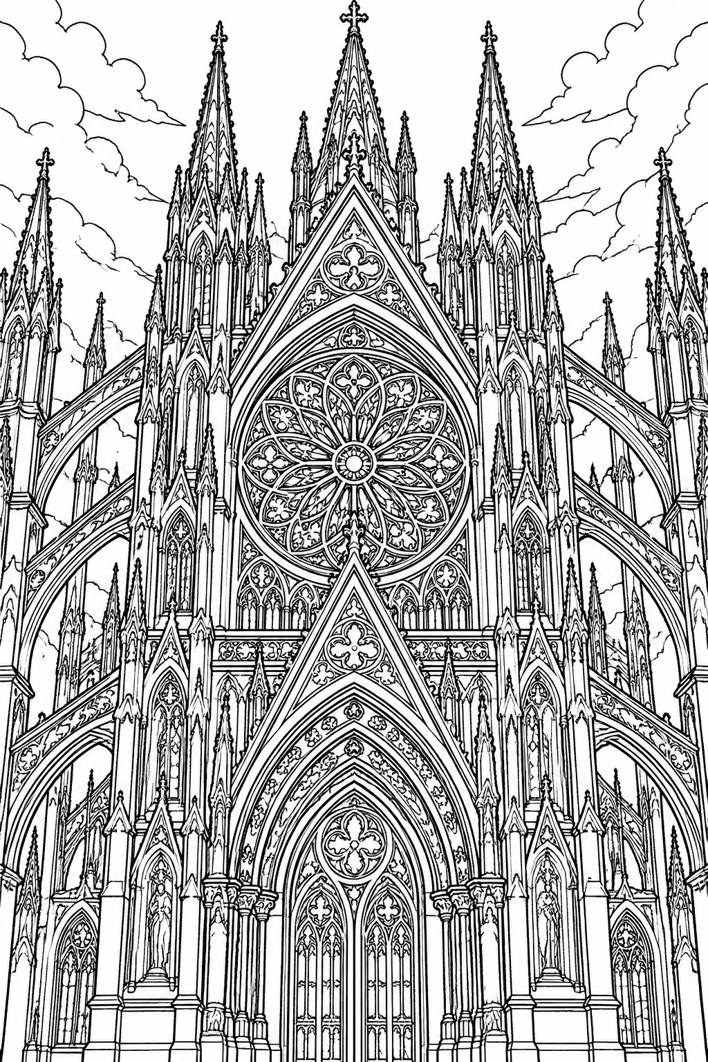 Detailed black-and-white line drawing of Gothic cathedral facade with rose window and spires.