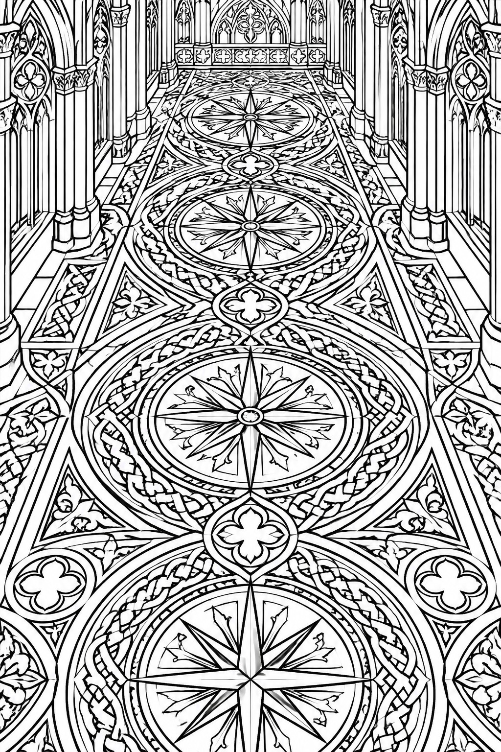 Gothic cathedral hallway with ornate circular floor medallions and pointed arches in line art