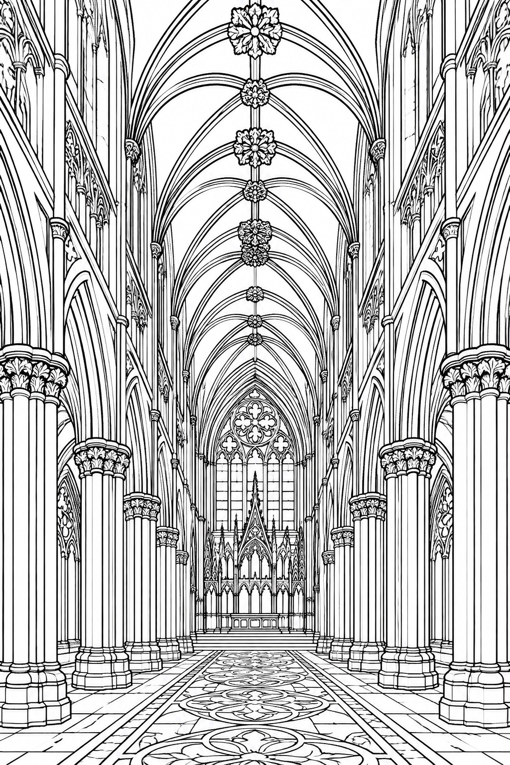 Black and white line drawing of a Gothic cathedral interior with tall columns, vaulted ceilings, a patterned floor, and a rose window at the far end.