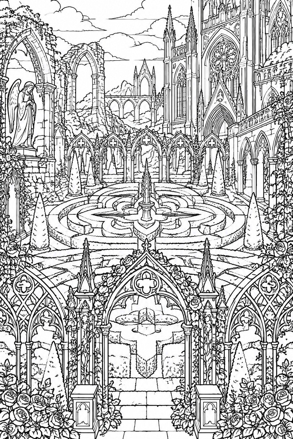 Intricate black-and-white line art of gothic abbey ruins with central fountain and rose-covered arches.