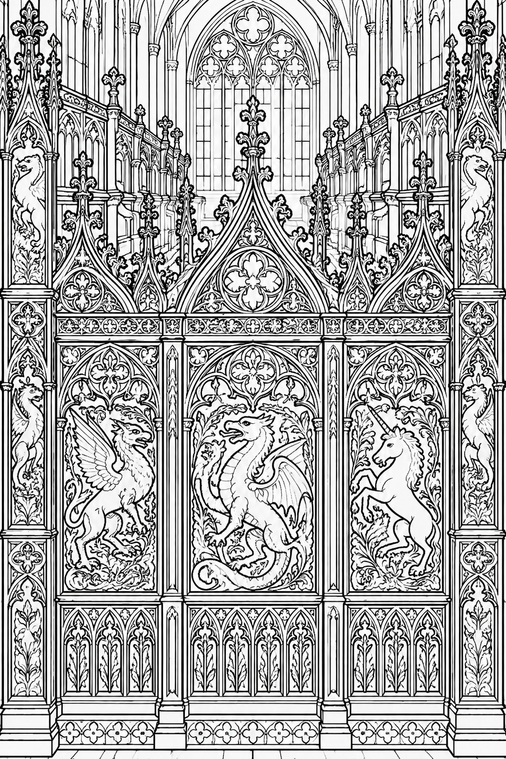 Ornate Gothic door with griffin, dragon, and unicorn in intricate black-and-white carvings.