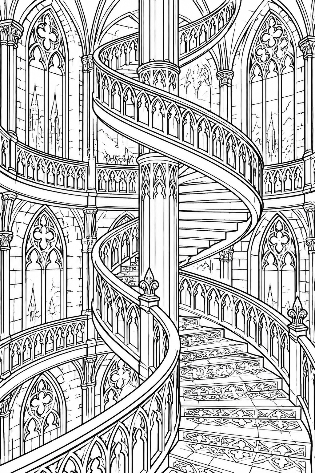 Ornate Gothic spiral staircase winds through a stone tower with arched windows