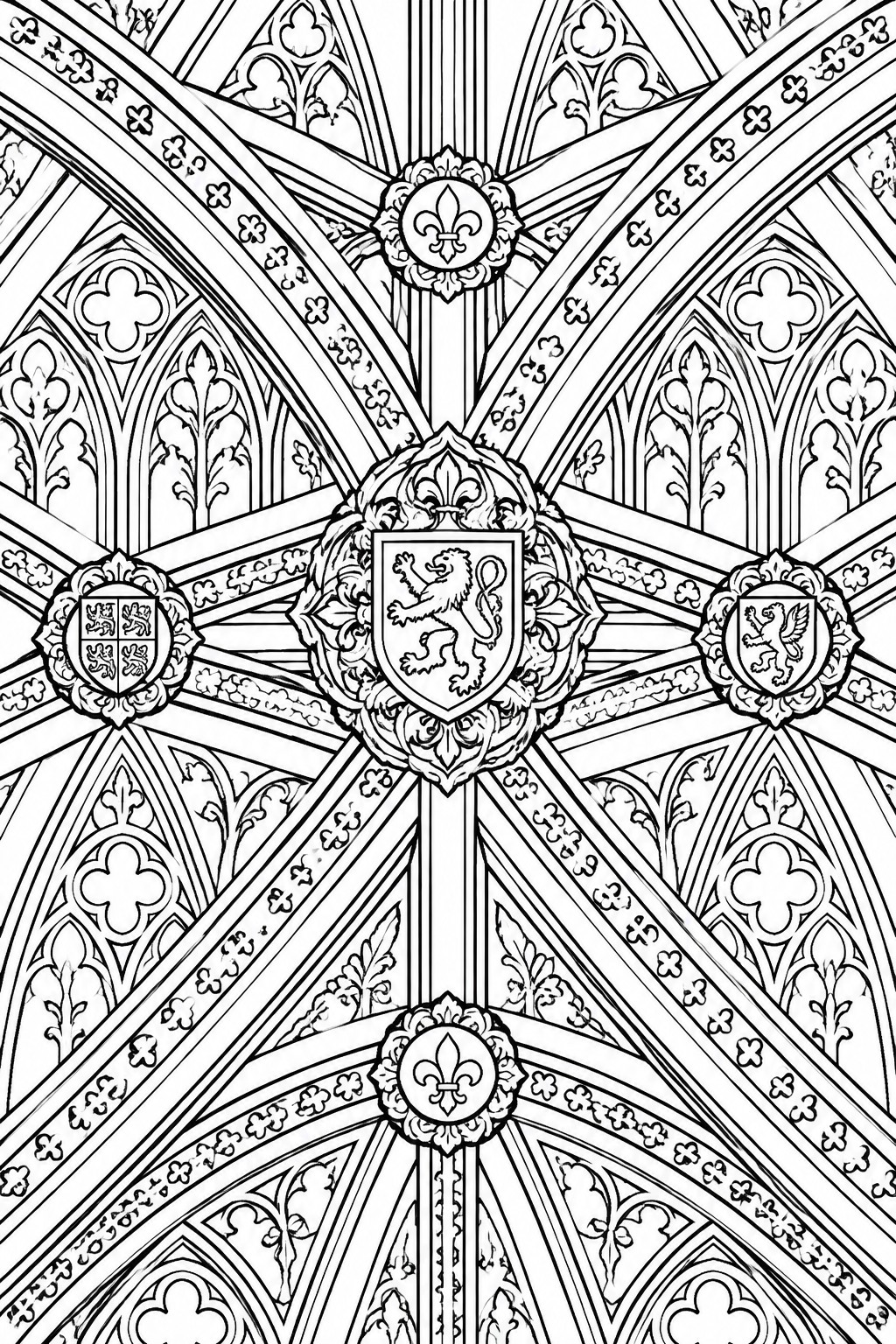 A black and white line drawing of a Gothic cathedral vaulted ceiling with ornate arches, shields bearing lions, and fleur-de-lis medallions.