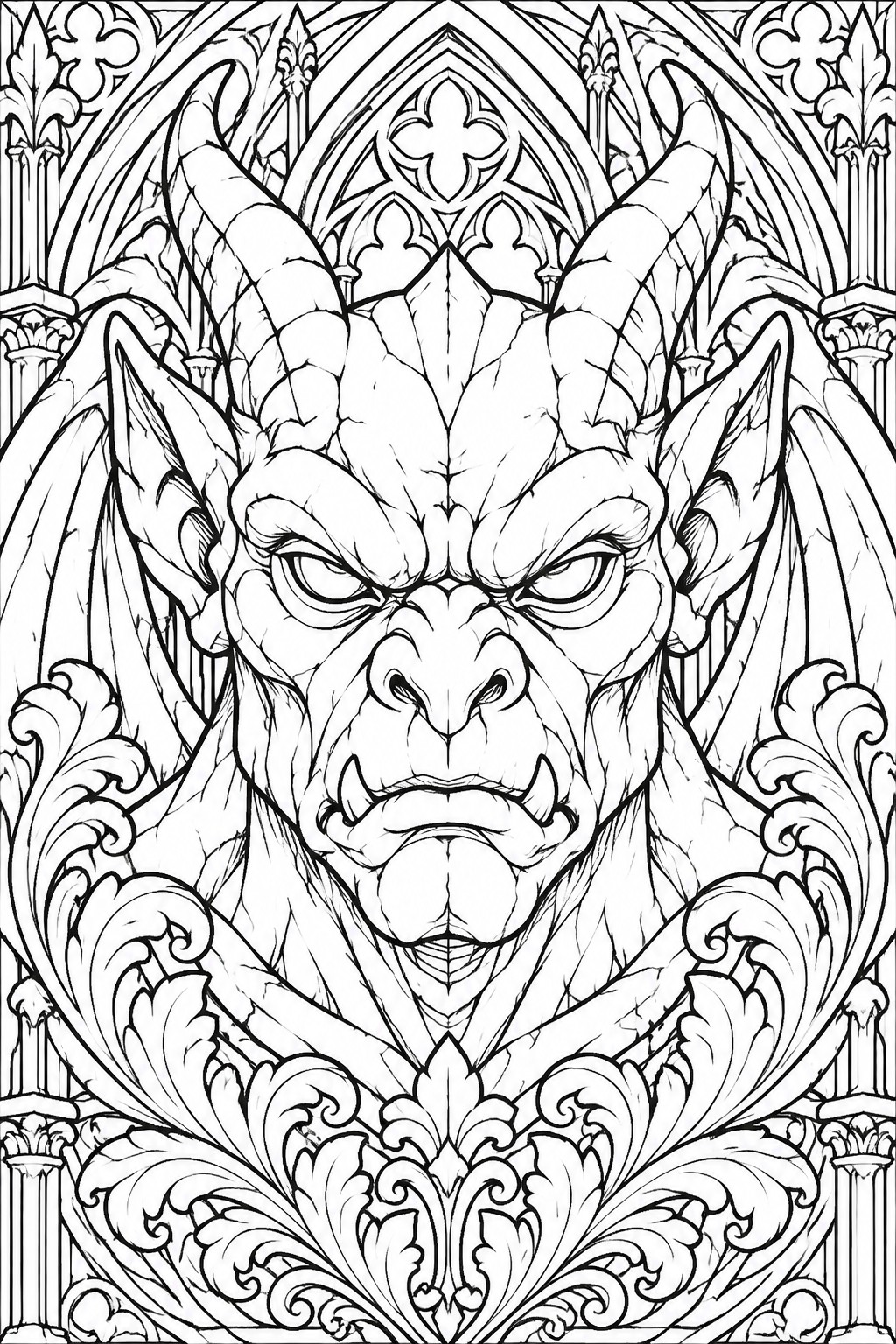 Black and white coloring page featuring a detailed gargoyle-like demon head with horns and wings against a backdrop of Gothic cathedral architecture and floral motifs.