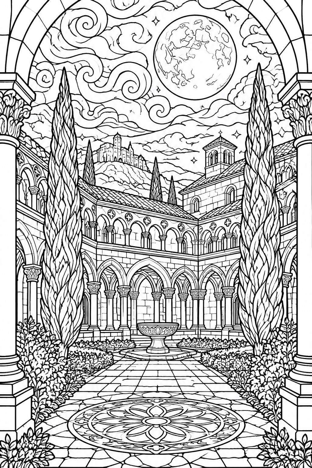 Coloring page of a gothic courtyard with arches, fountain, cypress trees, patterned floor, and a large moon above a castle on a hill.