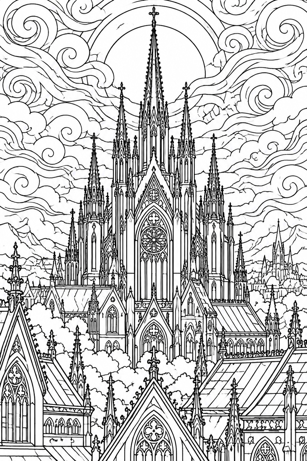 Ornate Gothic cathedral with tall spires, rose window, and swirling clouds in line art