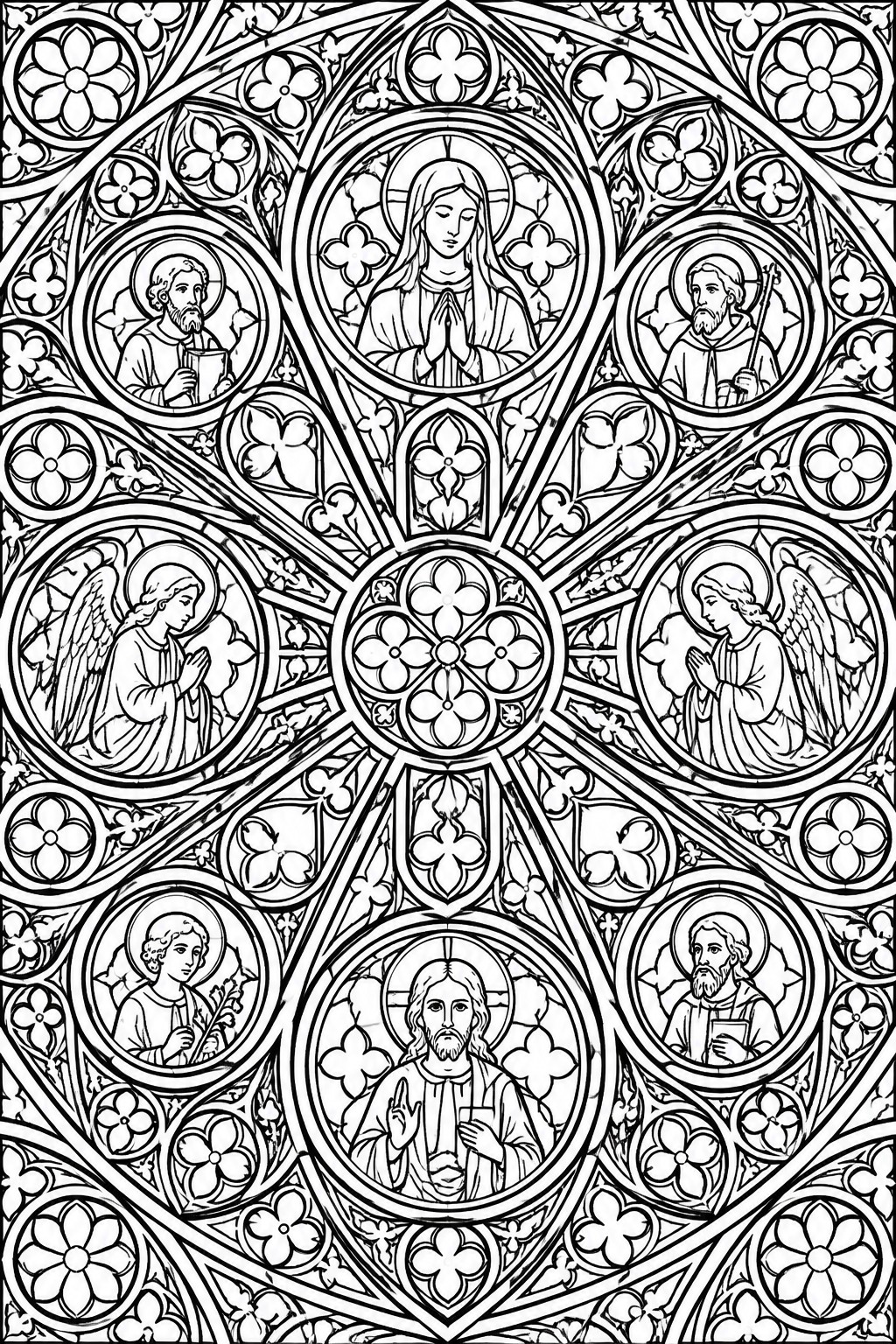 Ornate Gothic rose window line art with haloed saints, angels, and Christ in medallions.
