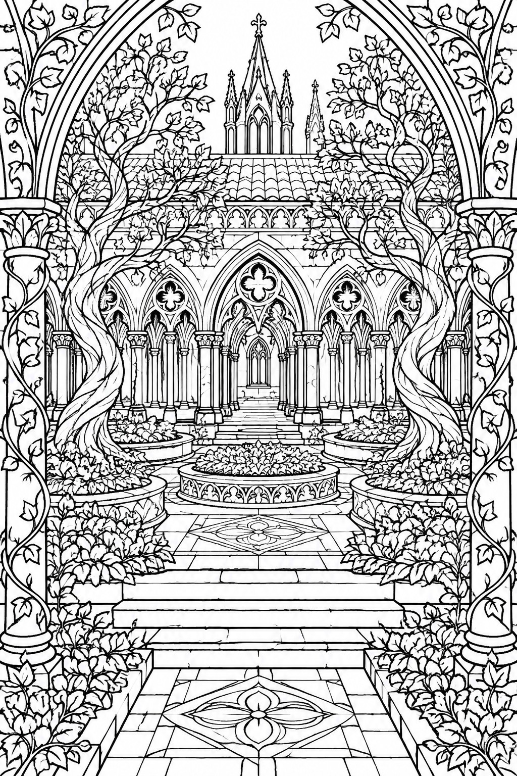 Gothic cloister line drawing with arches, columns, vines, stairs and central fountain.