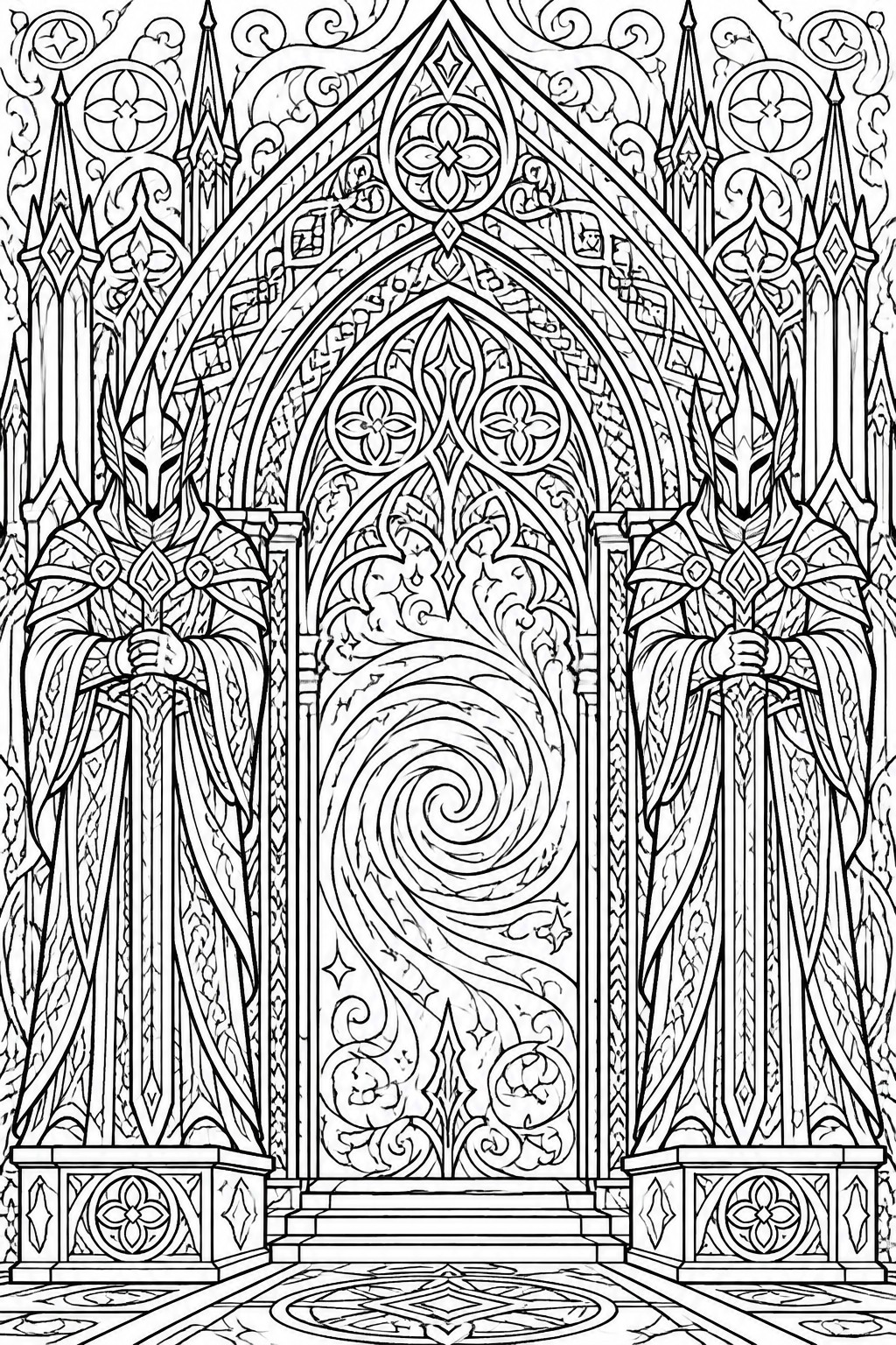 A black and white coloring page showing two armored fantasy figures standing on either side of a highly detailed gothic archway with a large swirling design in the center.