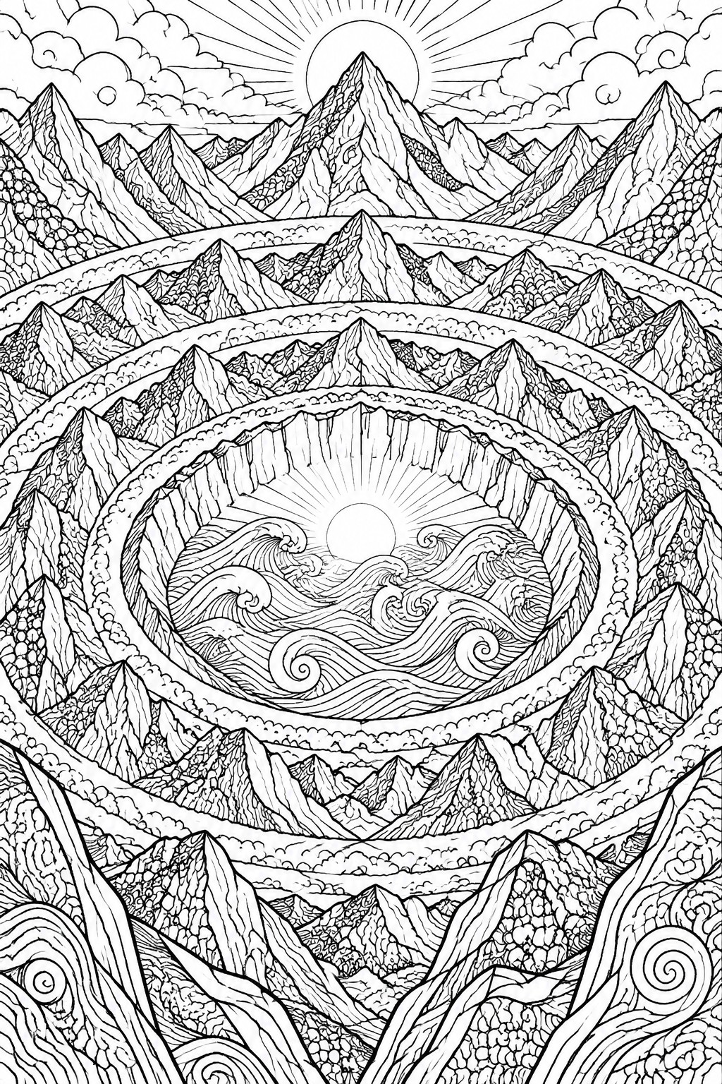 Black and white line art of concentric mountain rings surrounding a central circle of waves with two suns and clouds.
